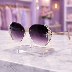 Sunglasses Women Purple Rimless Rhinestone‎ Oversized Shades